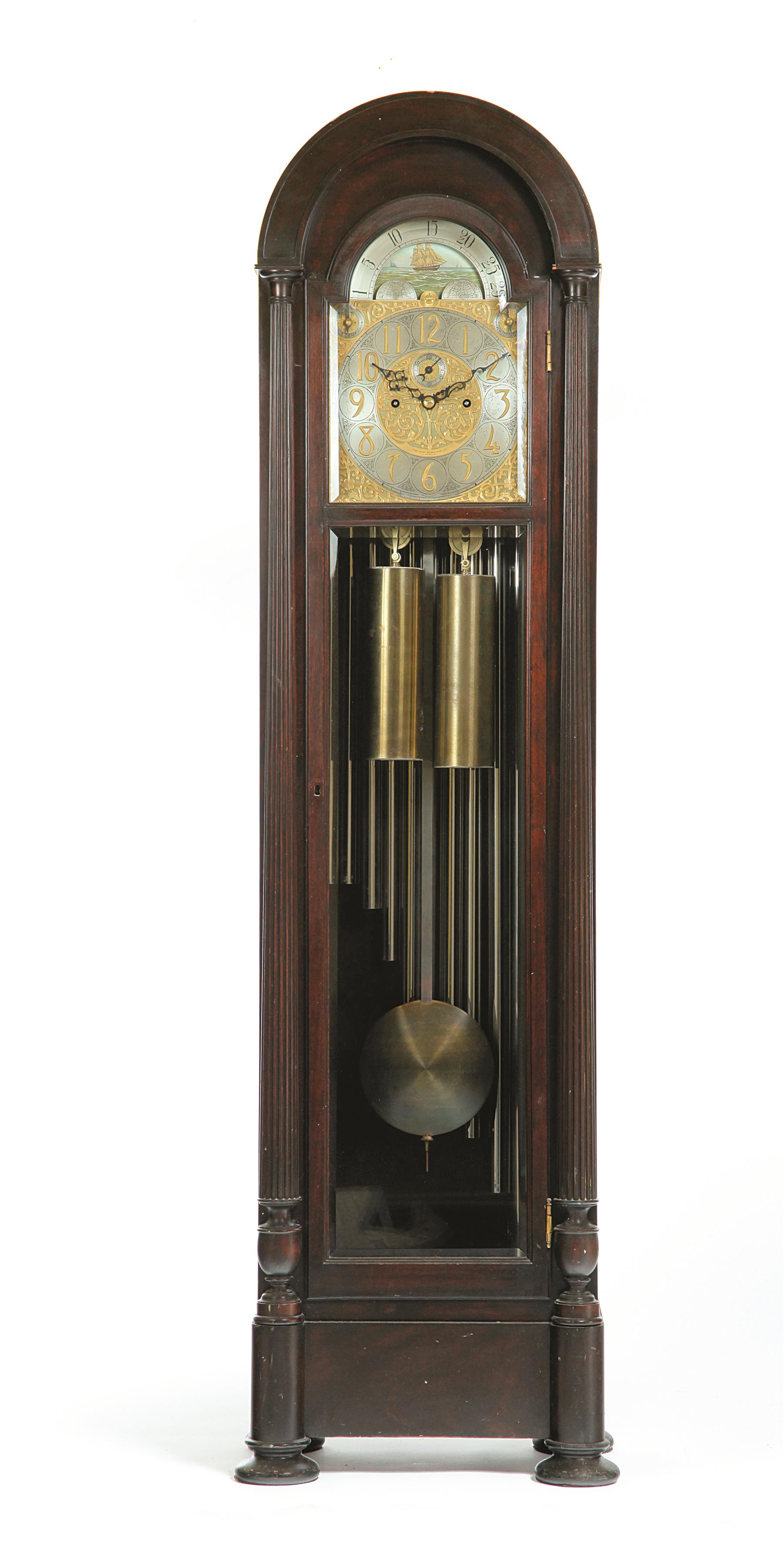 Appraisal: HERSCHEDE NINE-TUBE HALL CLOCK Cincinnati Ohio mahogany Arched top over