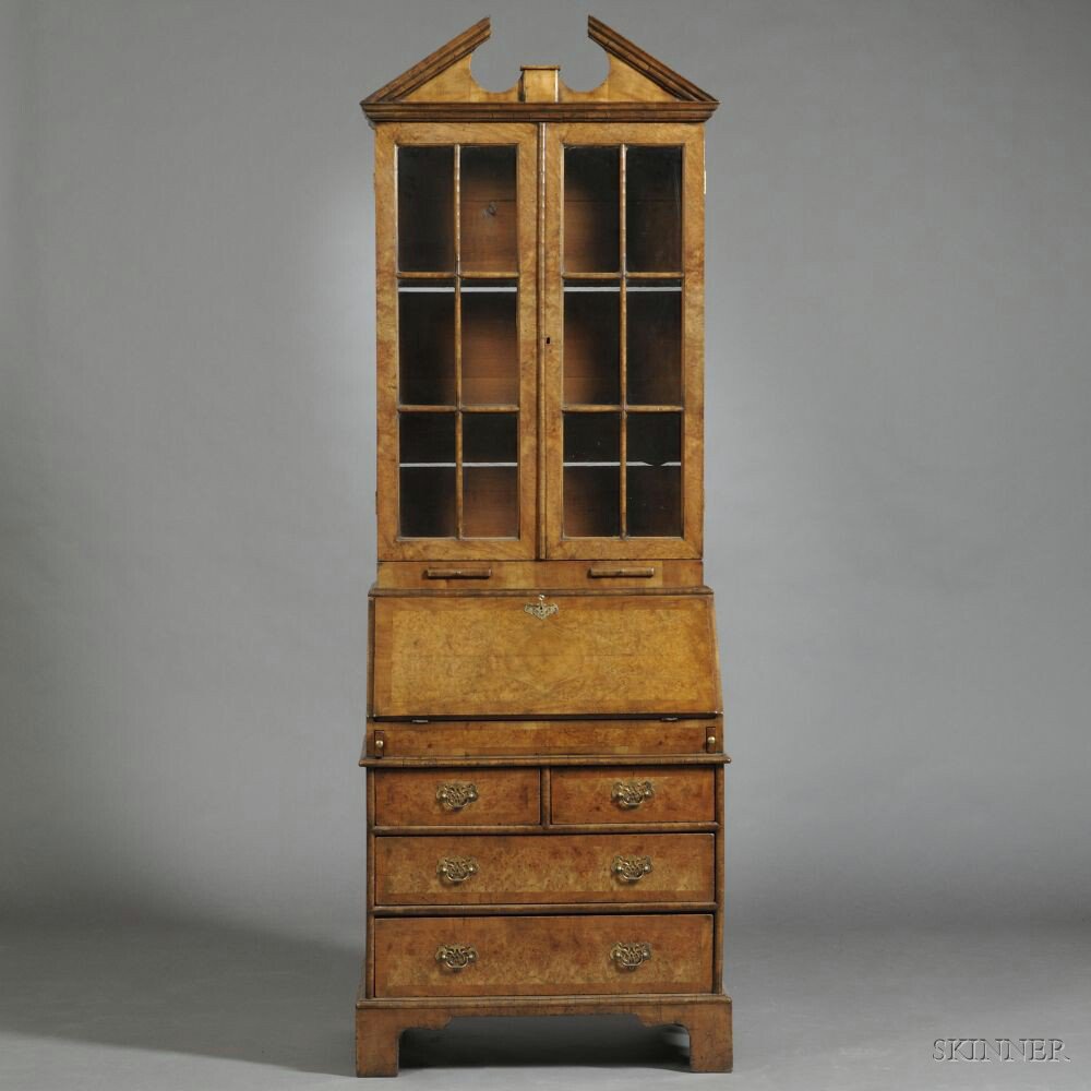 Appraisal: Georgian-style Burl Walnut-veneered Secretaire th century with an upper shelved