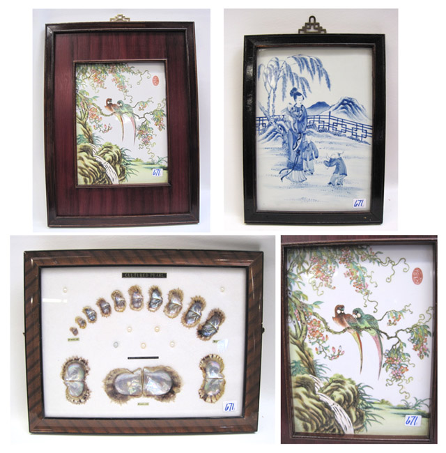 Appraisal: CHINESE PAINTED PORCELAIN TILES PEARL SPECIMENS framed pieces The hand