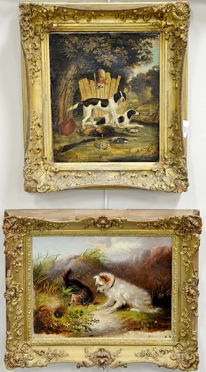 Appraisal: Two th century oil on canvas paintings of dogs Fox