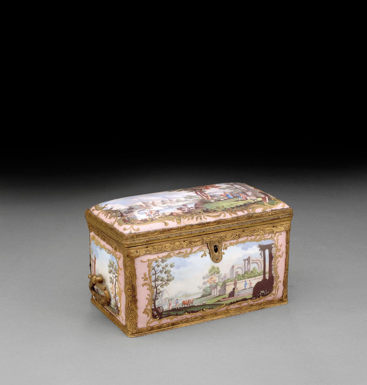 Appraisal: FRENCH ENAMEL RECTANGULAR CADDY BOX NINETEENTH CENTURY Each panel on