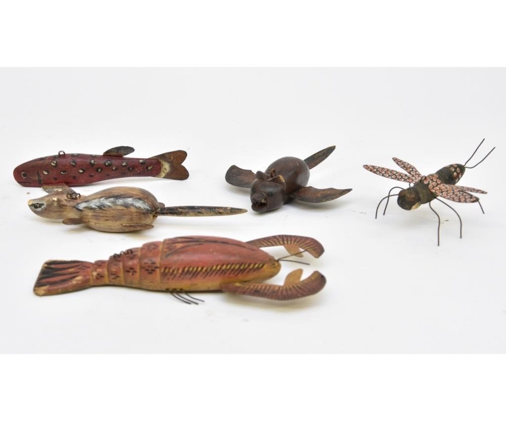 Appraisal: Five Minnesota Folk Art ice fishing lures including a lobster