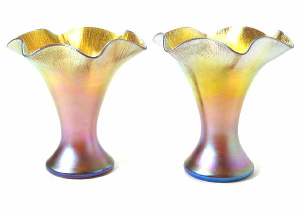 Appraisal: A pair of Steuben gold Aurene glass foriform vases with