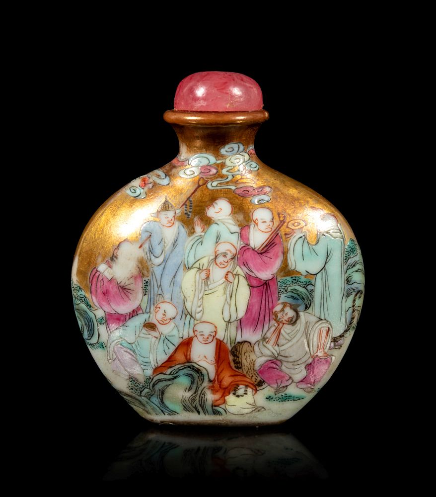 Appraisal: A Gilt Ground Famille Rose Porcelain 'Luohan' Snuff Bottle Height