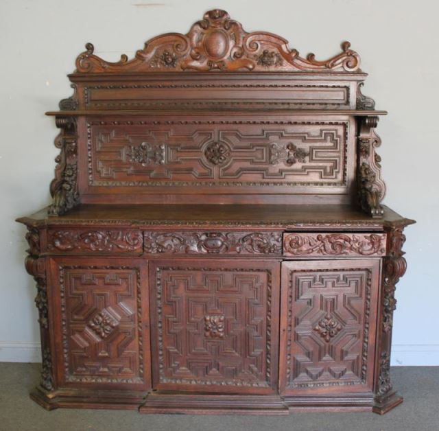 Appraisal: Unusual Victorian Oak High Back Sideboard Carved with griffins fruit