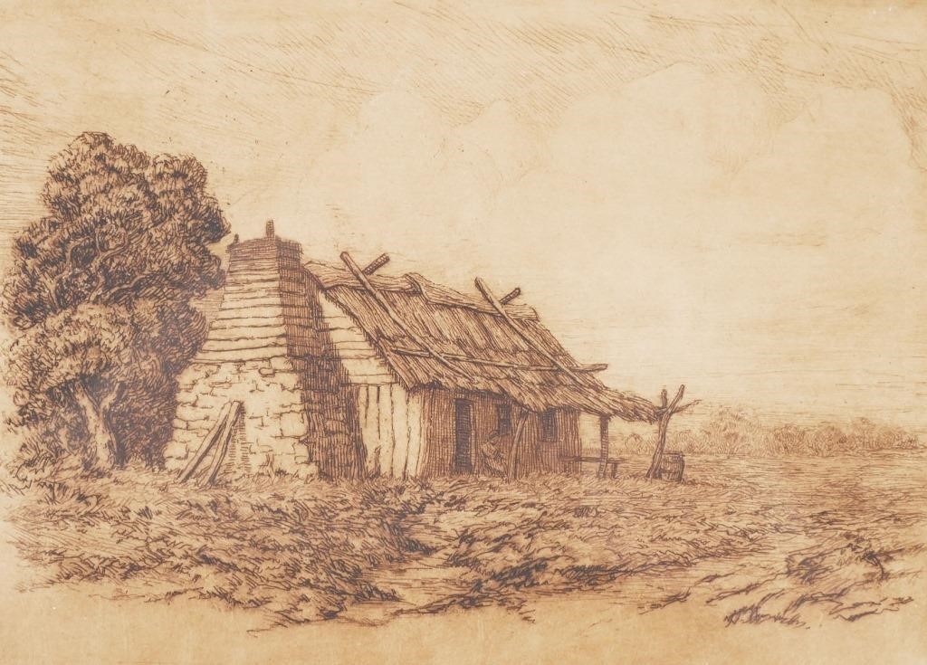 Appraisal: John Mather Australian - etching of wooden structure in landscape