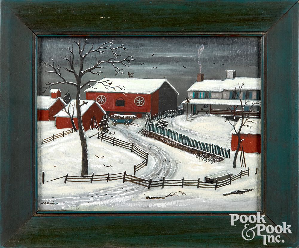 Appraisal: David Y Ellinger oil on board winter farmscene David Y