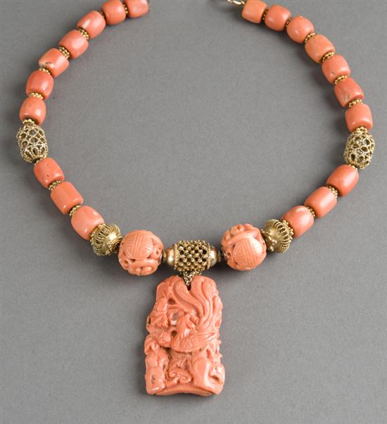 Appraisal: Strand of coral beads with Asian carved coral drop Coral