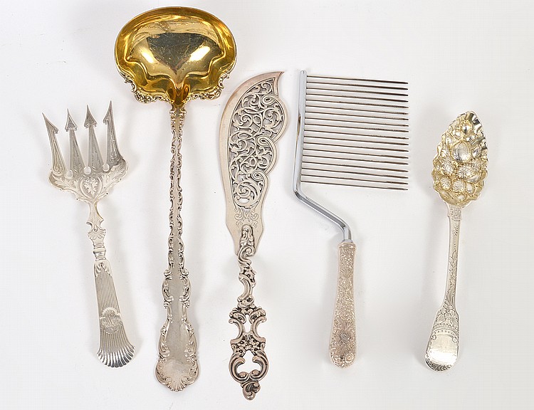 Appraisal: FOUR STERLING SILVER SERVING UTENSILS th th Century Marked Comprising