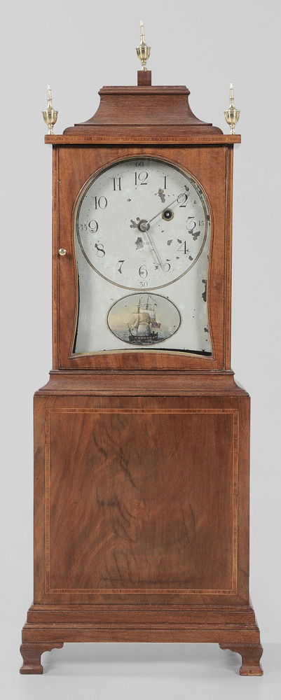 Appraisal: Roxbury Inlaid Mahogany Shelf Clock painted dial signed E Taber