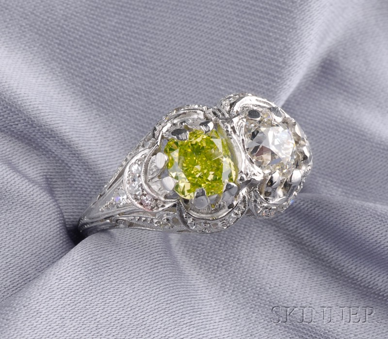 Appraisal: Platinum and Diamond Twin-stone Ring set with an old European-cut