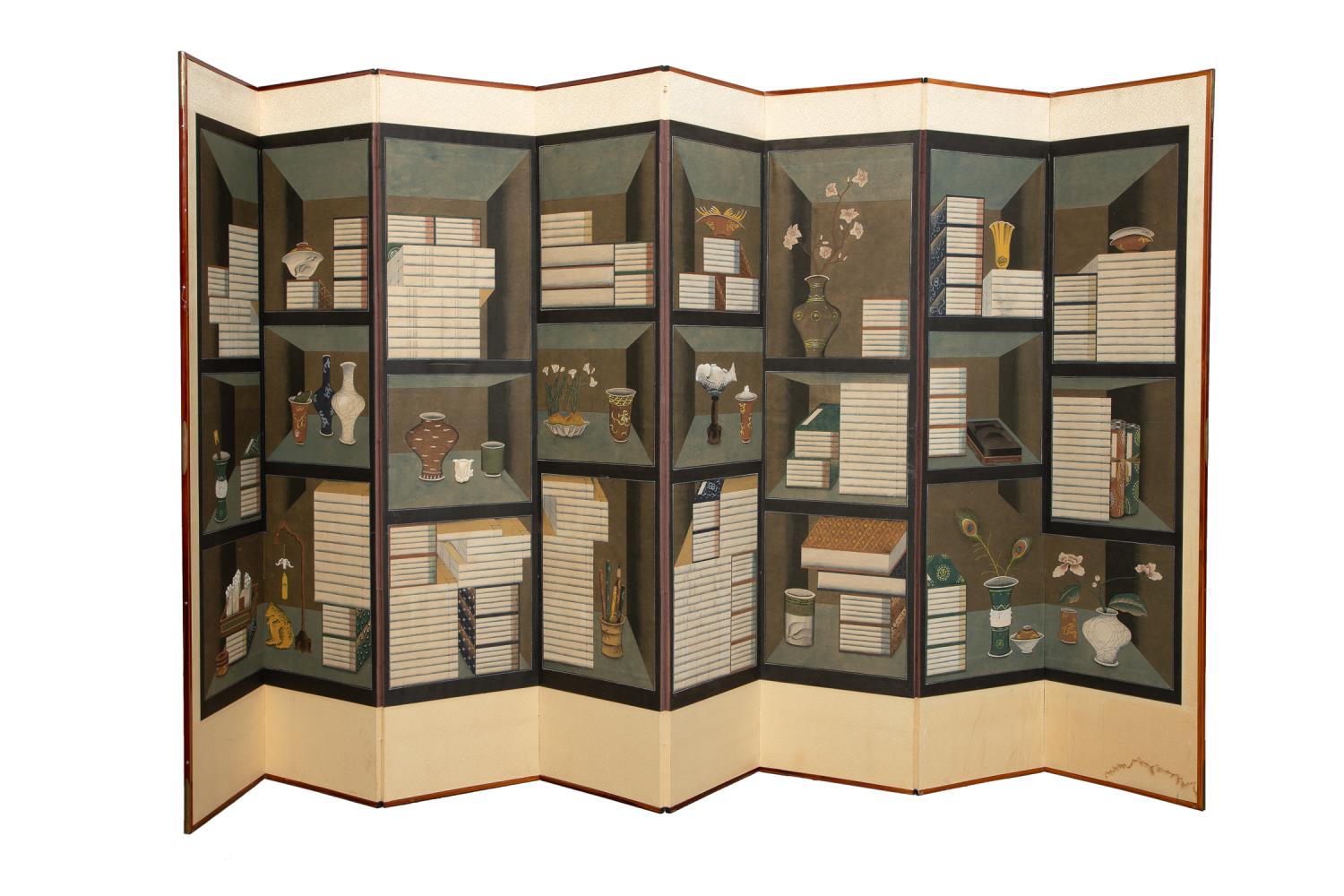 Appraisal: KOREAN CHAEKGEORI SCREEN W SCHOLAR'S OBJECTS Korean Chaekgeori eight panel