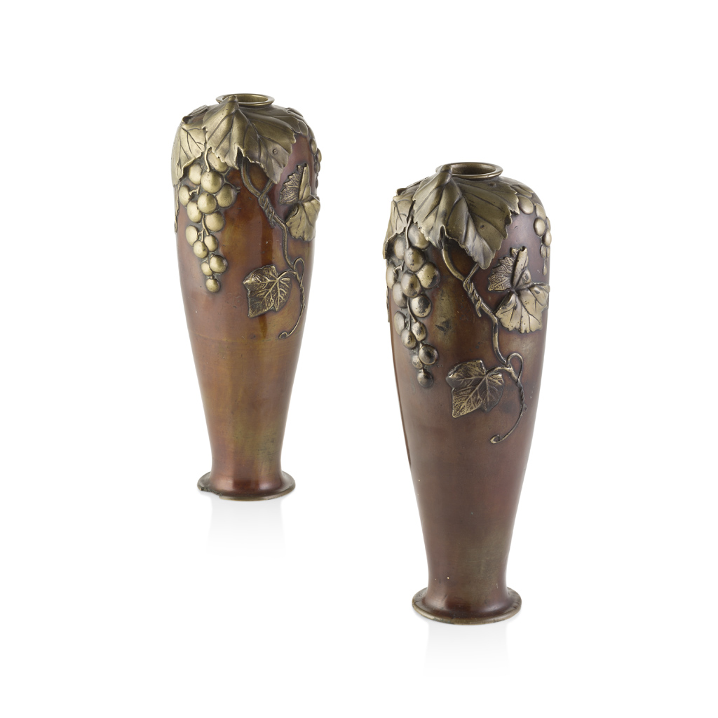 Appraisal: PAIR OF BRONZE 'GRAPES' VASES MEIJI PERIOD each decorated in