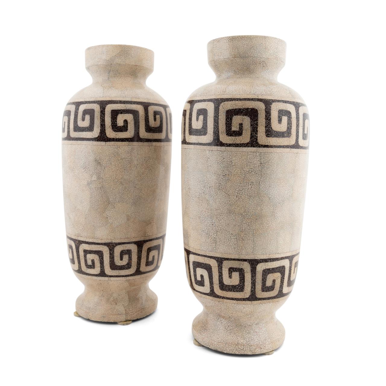 Appraisal: PAIR MAITLAND SMITH STYLE GREEK KEY VASES Pair of Maitland