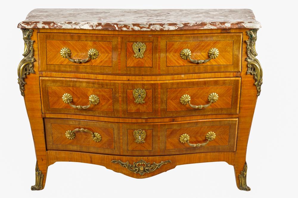 Appraisal: REGENCE STYLE GILT BRONZE-MOUNTED PARQUETRY MARBLE-TOP COMMODEthe serpentine red grey