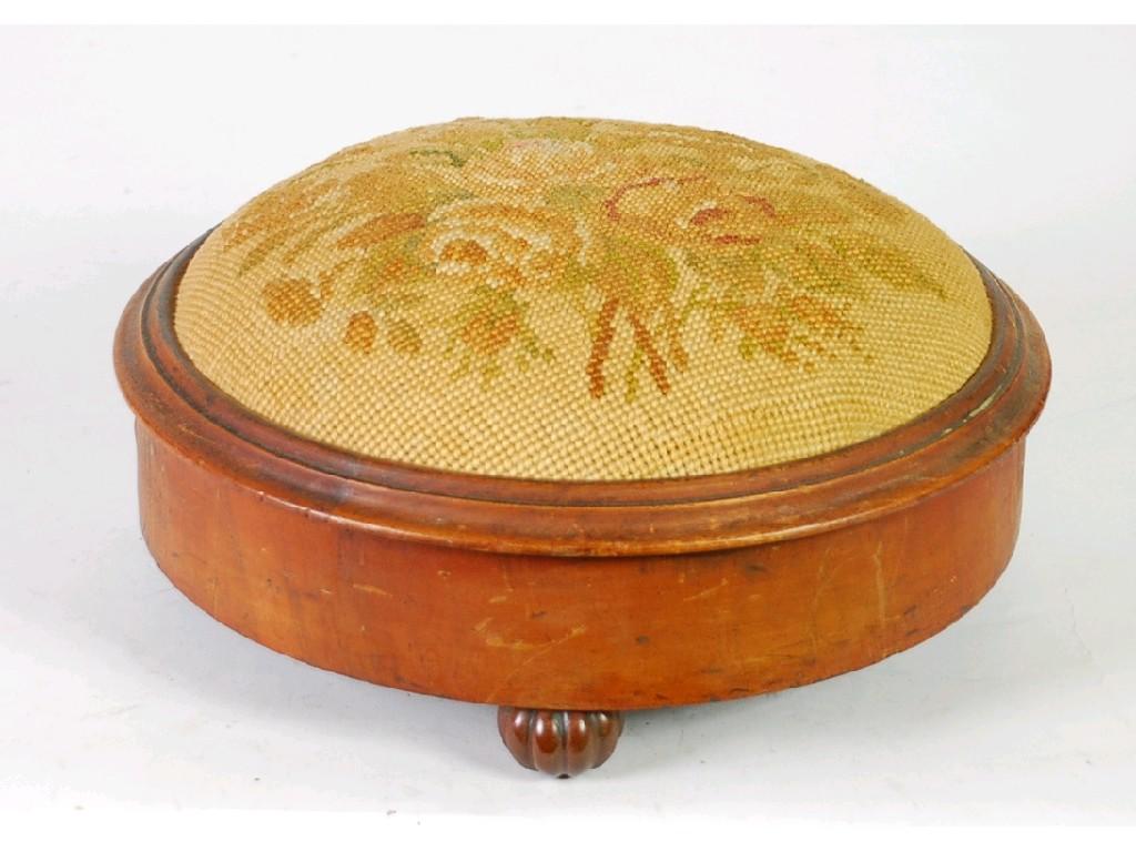 Appraisal: VICTORIAN WALNUT FOOTSTOOL circular with domed top upholstered in floral