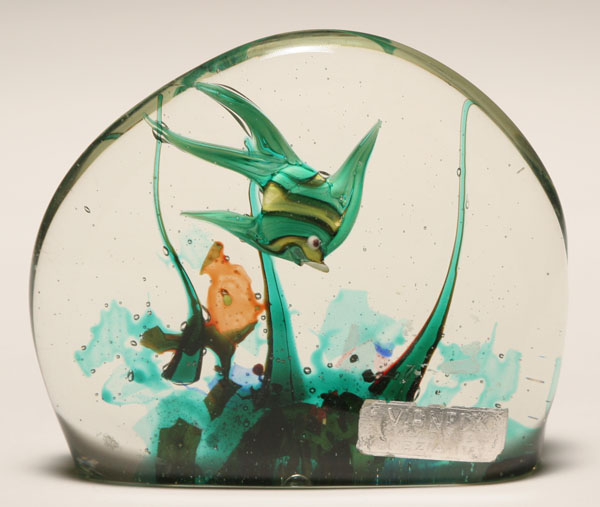 Appraisal: Italian E Vianello art glass fish block paperweight Green angelfish