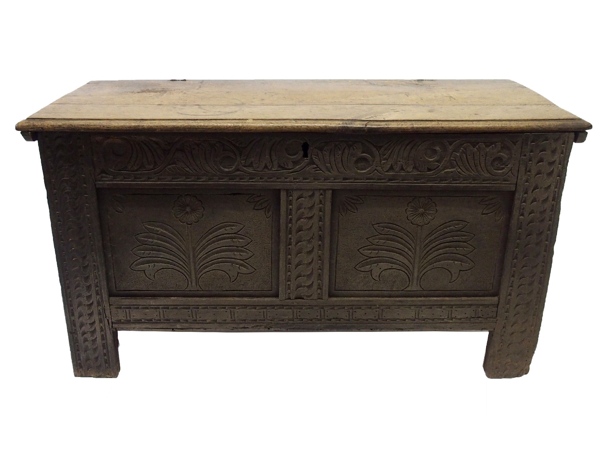 Appraisal: An oak th Century cofferthe hinged top above carved and