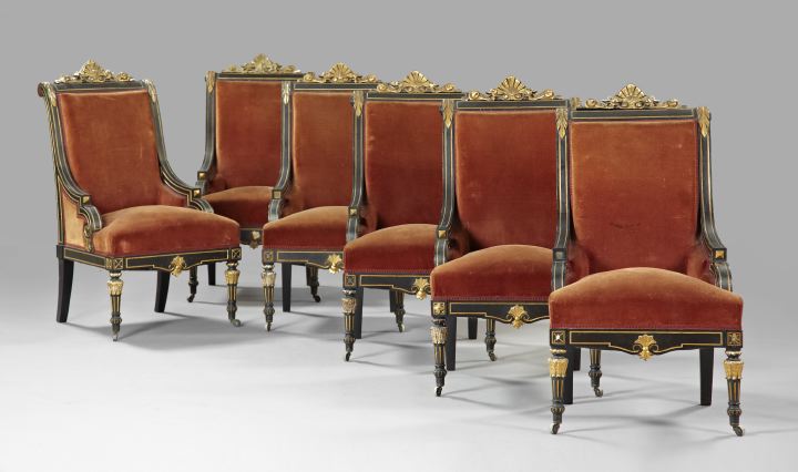 Appraisal: Suite of Six American Renaissance Revival Ebonized and Giltwood Chairs