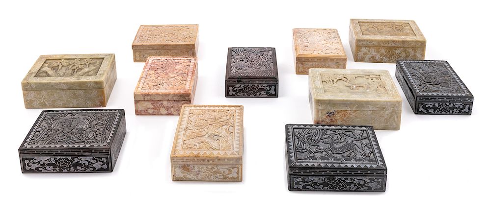 Appraisal: Twenty-Two Chinese Carved Soapstone Rectangular Covered Boxes Largest length x