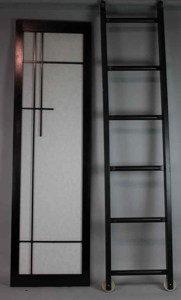 Appraisal: ROLLING BLACK JAPANESE STYLE VERTICAL SLIDING SCREEN WITH ROLLING LADDER