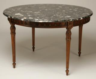 Appraisal: Carved walnut marble top table w Louis XVI-style carved walnut