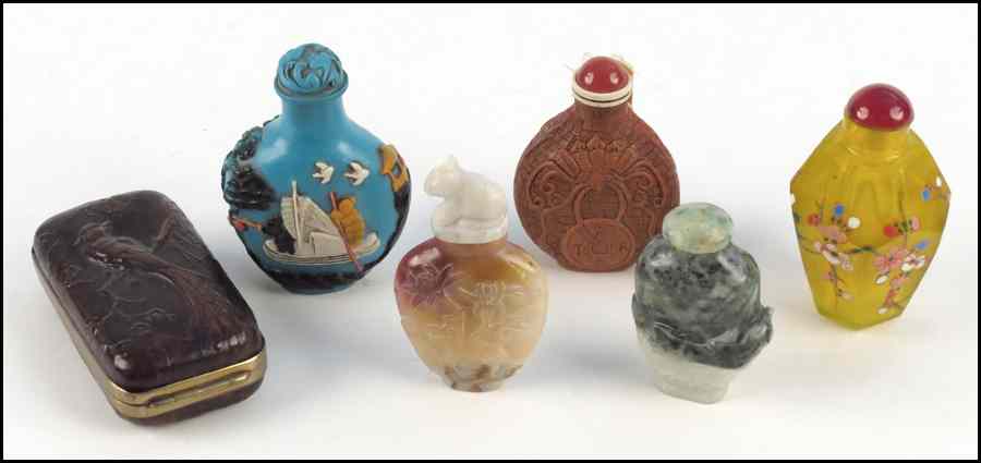 Appraisal: GROUP OF FIVE SNUFF BOTTLES Together with a leatherbound snuff