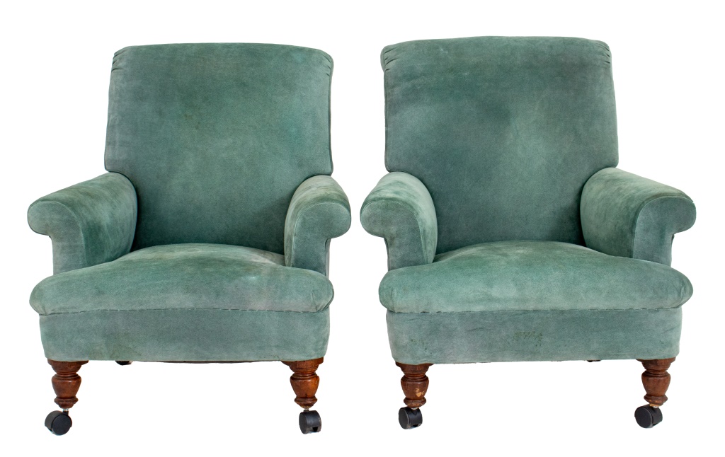 Appraisal: GEORGE SMITH ATT SUEDE UPHOLSTERED ARMCHAIRS PR Pair of George