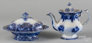 Appraisal: Flow blue teapot and covered vegetable '' h and ''