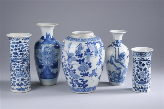 Appraisal: FIVE CHINESE BLUE AND WHITE PORCELAIN VASES th century Figural