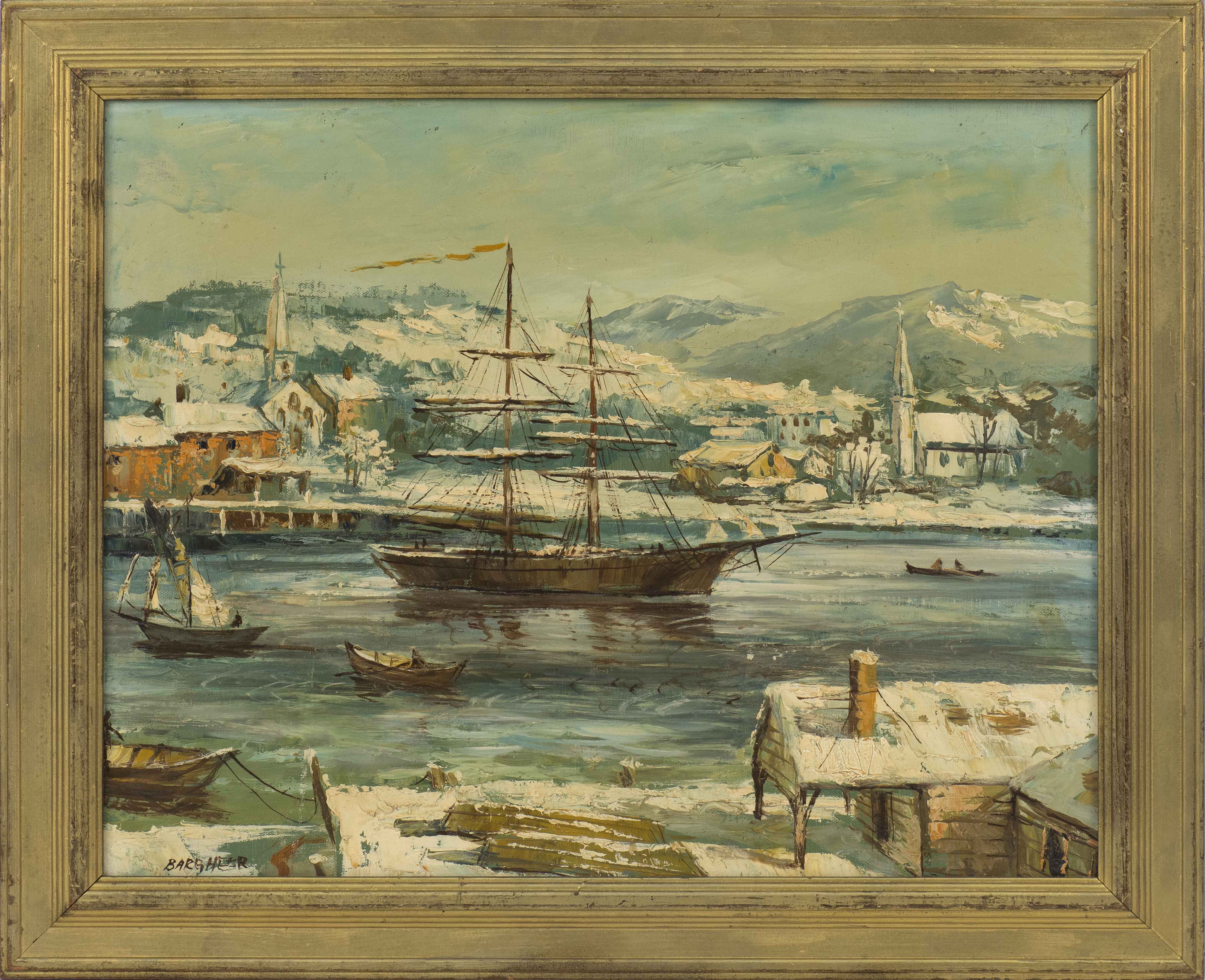 Appraisal: AMERICAN SCHOOL th CenturyShips in a harbor Signed lower left