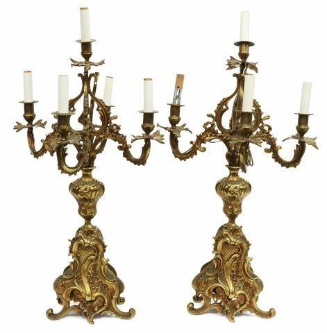 Appraisal: pair Louis XV style gilt bronze five-light candelabra lamps early