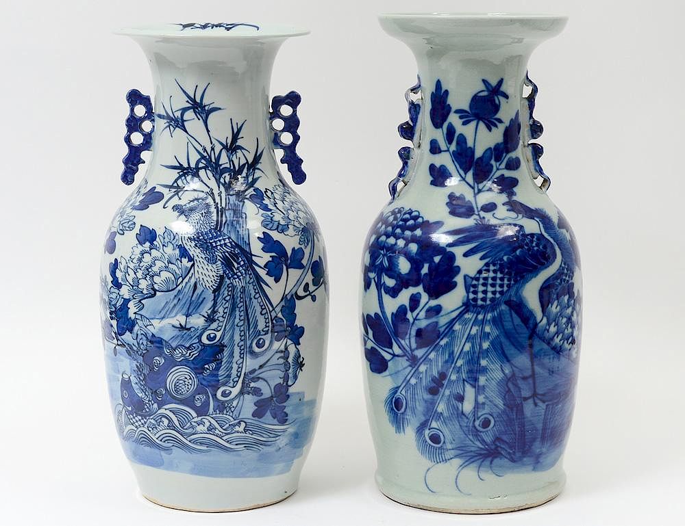 Appraisal: TWO BLUE AND CELADON PORCELAIN VASES Chinese th Century Each