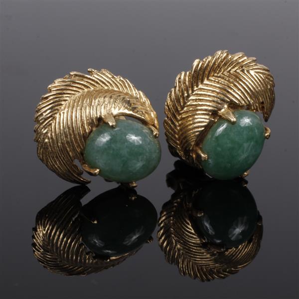 Appraisal: Vintage K Yellow Gold Jade Cabochon Feather Form Clip Earrings