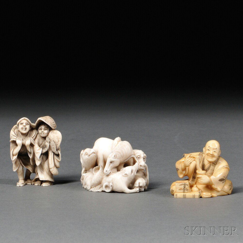 Appraisal: Three Ivory Netsukes Japan th th century an elderly seated