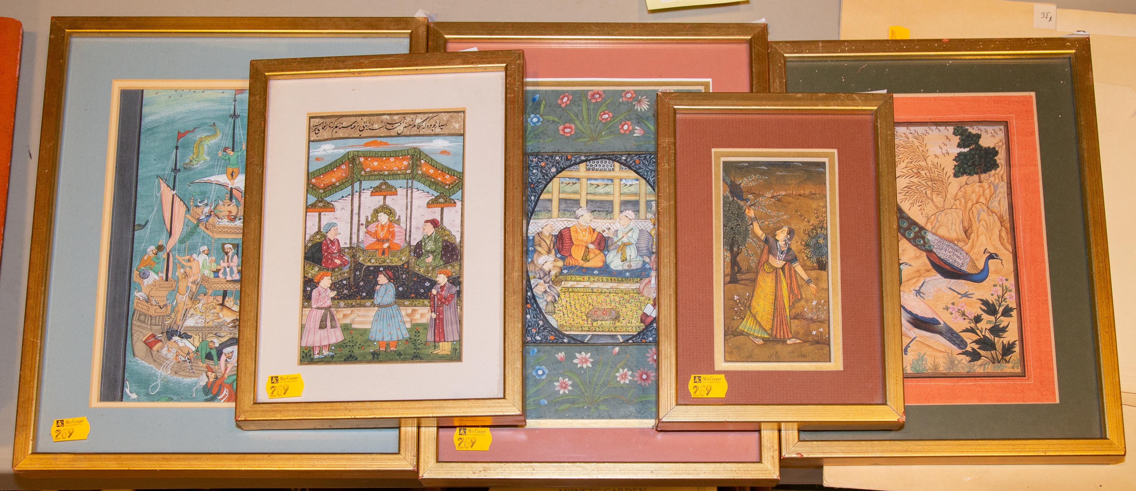 Appraisal: A GROUP OF FIVE MUGHAL STYLE MINIATURE PAINTINGS All framed