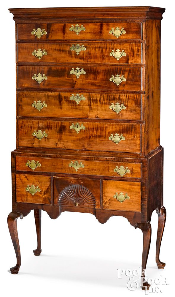 Appraisal: New England Queen Anne tiger maple high chest New England