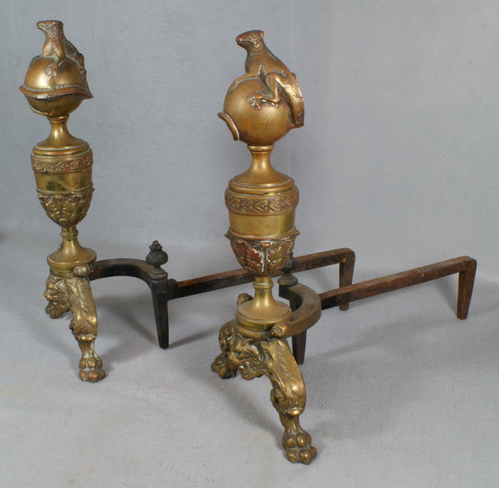 Appraisal: Pr th c brass andirons lizards on ball tops base