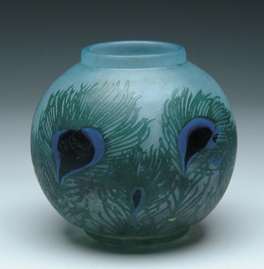 Appraisal: DAUM PADDED PEACOCK VASE Fantastic Daum vase has green cameo