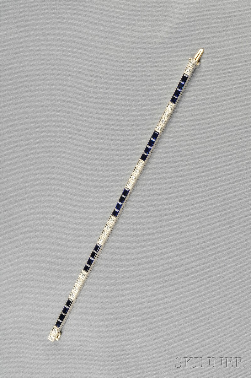 Appraisal: Platinum Synthetic Sapphire and Diamond Line Bracelet bezel-set with twenty