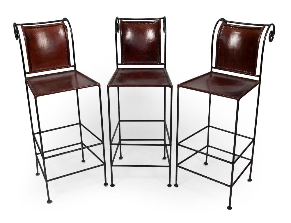 Appraisal: THREE COMINA LEATHER AND IRON BAR STOOLS TH CENTURY BACK