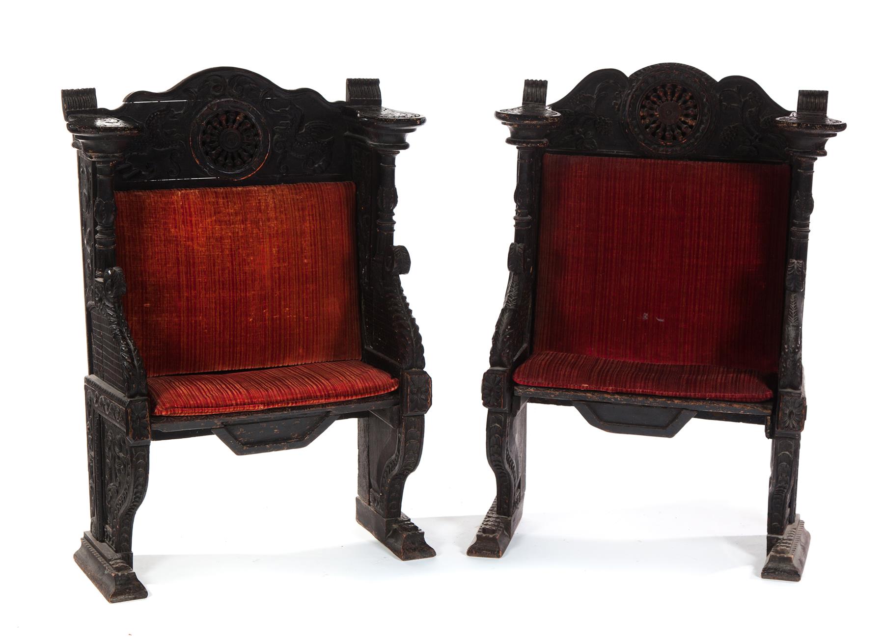 Appraisal: NEAR PAIR OF HIGH-STYLE LITURGICAL CHAIRS WITH LIFT SEATS European