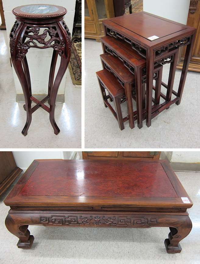 Appraisal: SIX ARTICLES OF CHINESE FURNITURE rectangular burl-top coffee table nesting