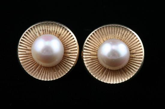 Appraisal: PAIR YELLOW GOLD AND CULTURED PEARL BUTTON STYLE EARRINGS Each