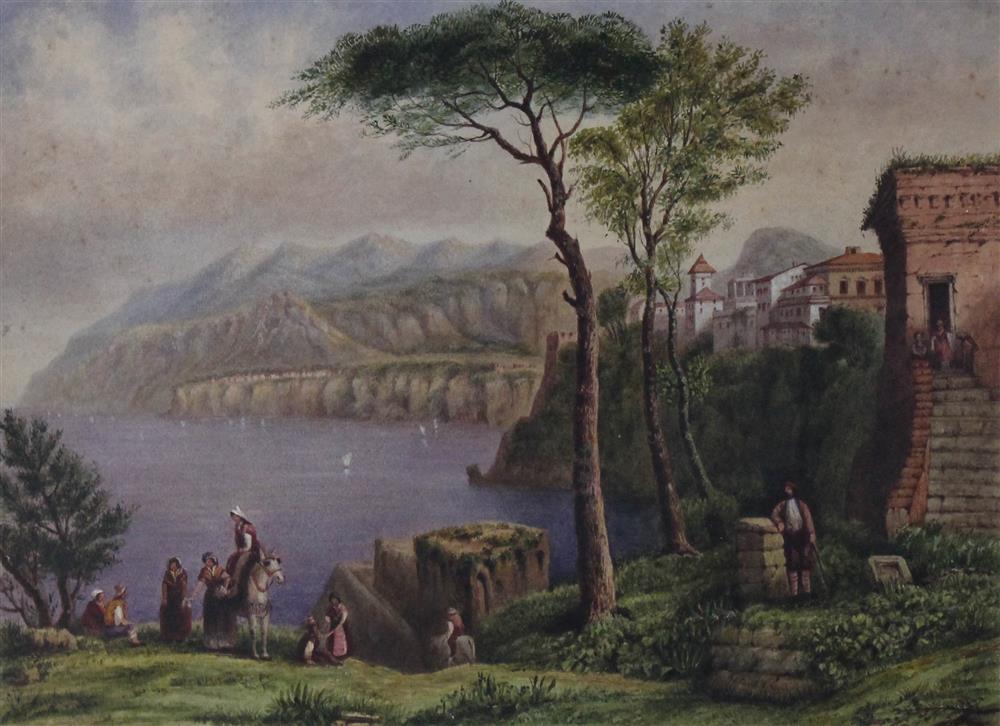 Appraisal: EUROPEAN SCHOOL TH CENTURY ITALIAN COASTAL SCENE WITH FIGURES Watercolor