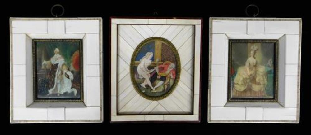 Appraisal: Three miniatures in bone frames including royal woman in yellow