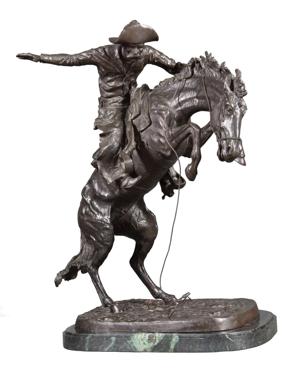 Appraisal: Bronze Figural Group of Bronco Buster after Frederic Remington signature