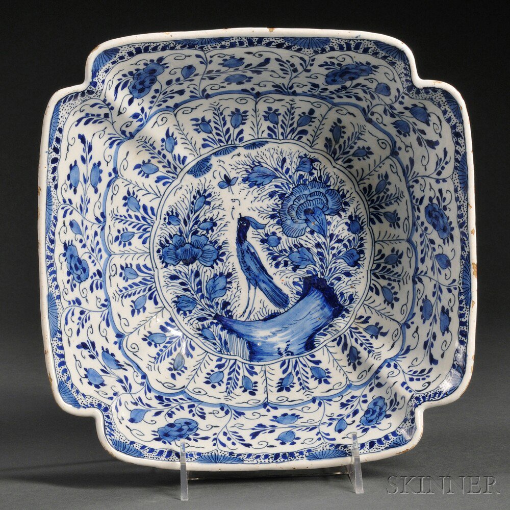 Appraisal: Dutch Delft Peacock Decorated Bowl Holland c notched-corner square blue