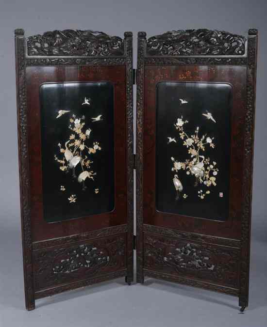 Appraisal: JAPANESE TWO FOLD SCREEN Meiji period Ivory and mother-of-pearl inlaid