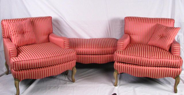 Appraisal: Pair of Silk Upholstered Arm Chairs with Ottoman French style